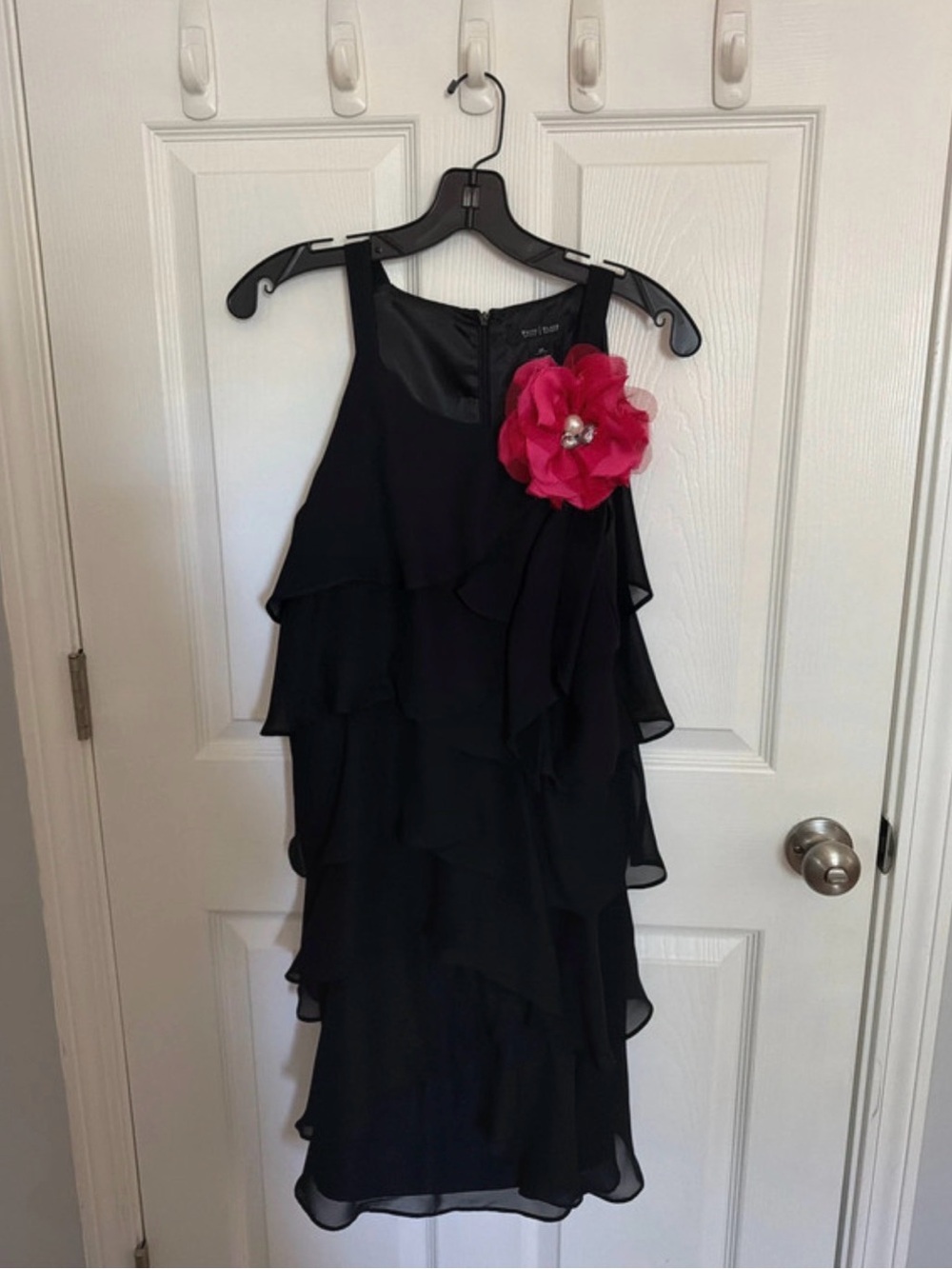 Black Layered Party Dress with Pink Floral Accent